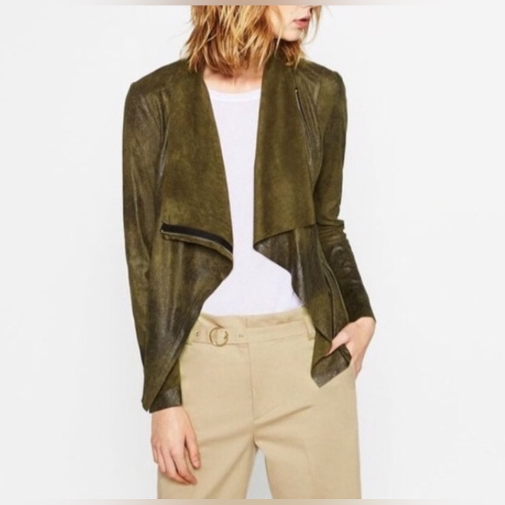 NWOT Zara Faux Suede Effect Moto Jacket Blazer in distressed Army Green- small